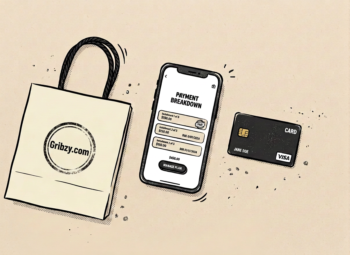 A clean, modern flat-lay photo showing a smartphone displaying a payment instalment plan screen, with a credit card and shopping bag nearby on a light neutral background. Professional, sophisticated e-commerce style.